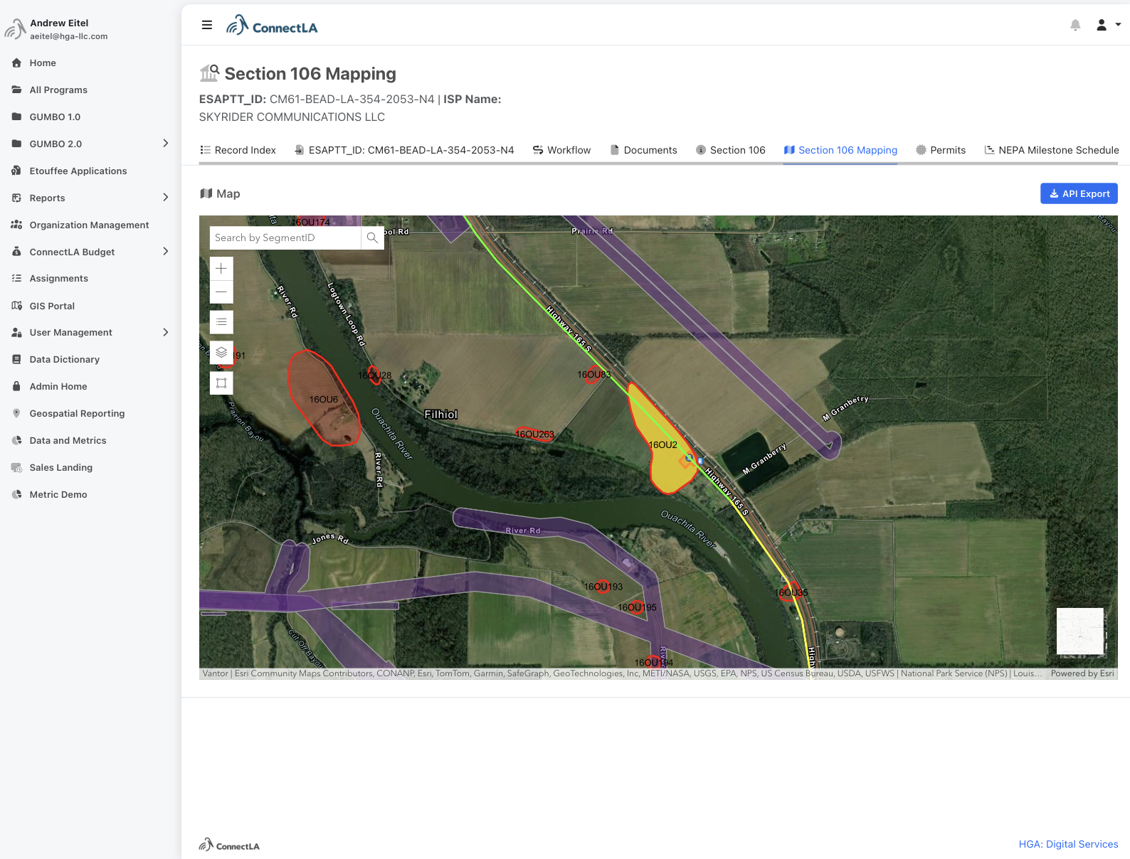 Section 106 Route Tracking interface for Louisiana's GUMBO 2.0 program